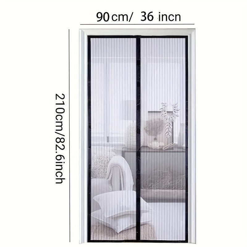 Black magnetic screen door measuring 80.01cm x 208.28cm, self-sealing and heavy-duty, keeps bugs out.