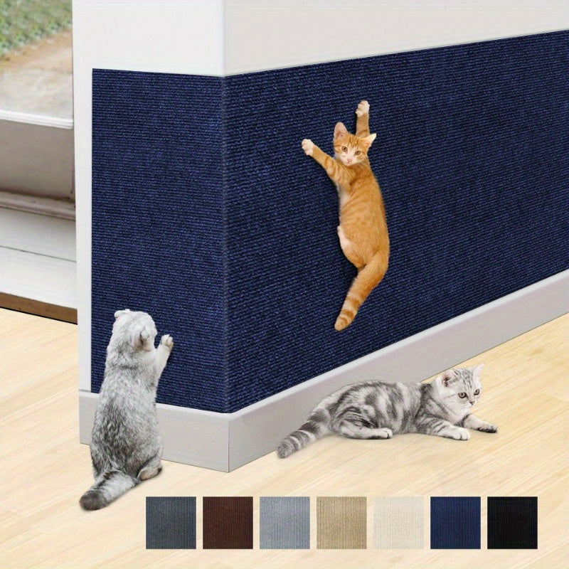 Wall-mounted cat scratching mat made of durable, fluff-free polyester with self-adhesive backing, cut-to-fit for all breeds.