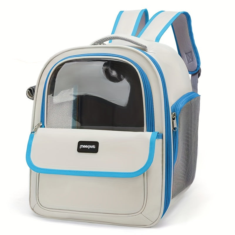 Large transparent space capsule pet carrier backpack for cats or dogs, breathable and portable.