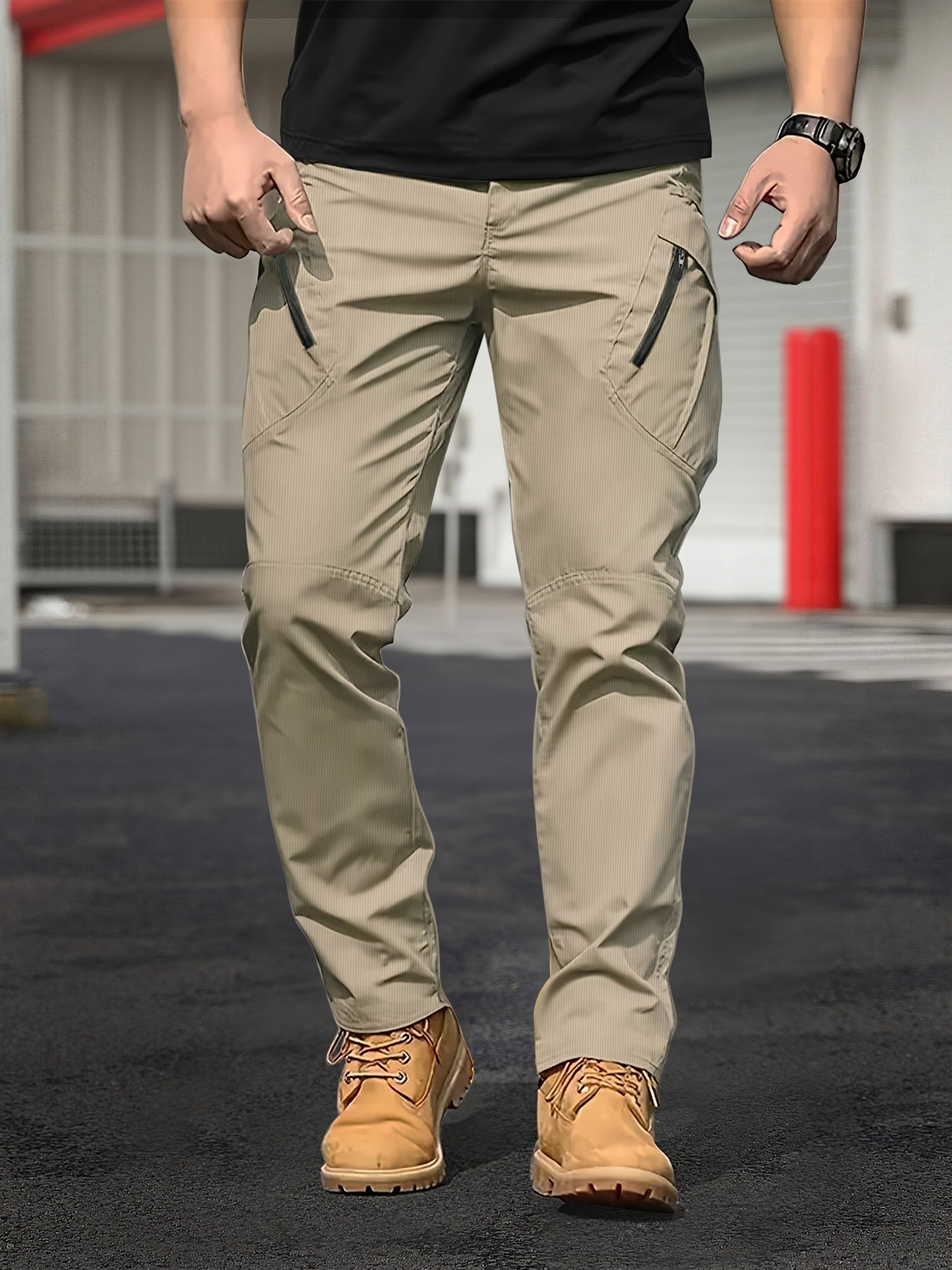 Men's Tactical Cargo Pants in solid color, made with 100% polyester. Features street style, regular fit, all-season wear, slight stretch, multi-function pockets, and zipper. Suitable for