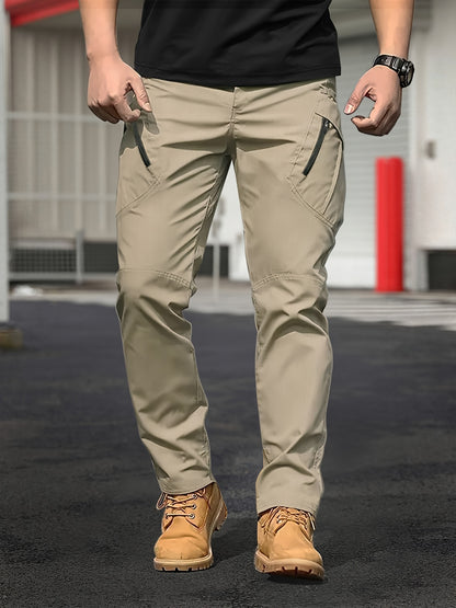 Men's Tactical Cargo Pants in solid color, made with 100% polyester. Features street style, regular fit, all-season wear, slight stretch, multi-function pockets, and zipper. Suitable for