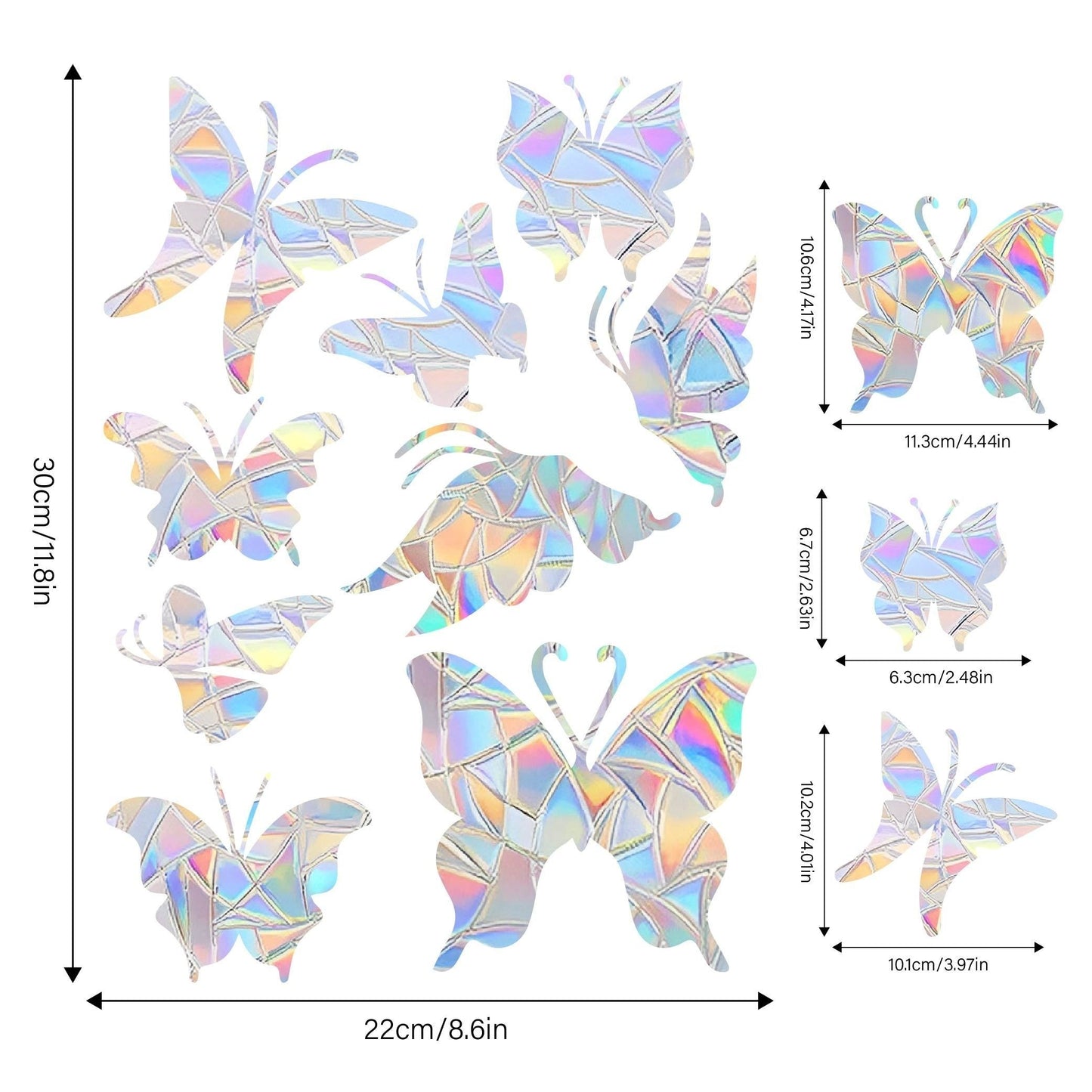 Window clings featuring classic stripes and butterfly design. Made with 2mil thickness for durability. Ideal for single use and easy static adsorption on glass surfaces. Perfect for decorating sun catchers, bedroom balcony doors, and windows.