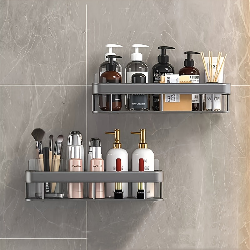 Rustproof metal shower caddy holds two bottles without drilling