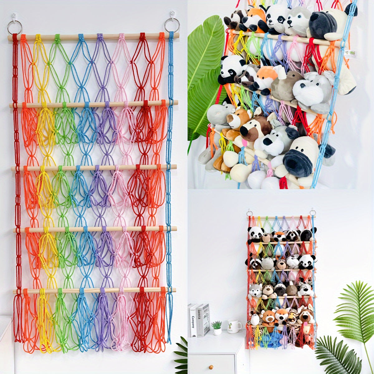 Plush animal storage solutions: net, rack, and hammock for hanging and organizing plush animals.