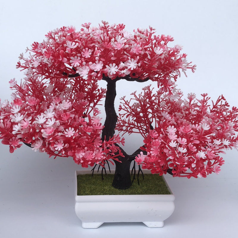 Artificial bonsai tree for room decor, entryway chests, drawers, bookcases, and desks.