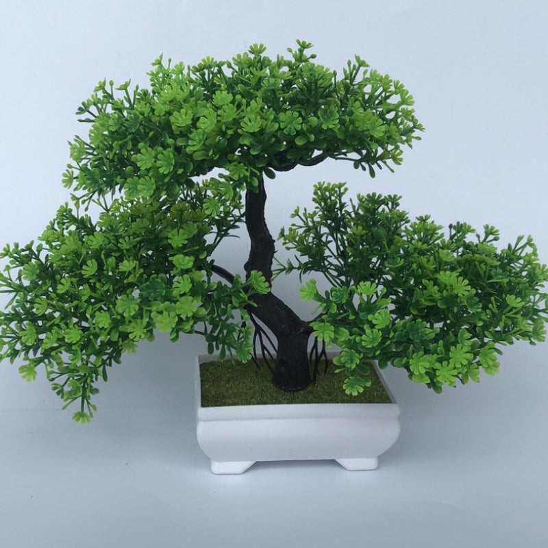 Artificial bonsai tree for room decor, entryway chests, drawers, bookcases, and desks.