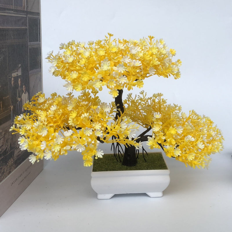 Artificial bonsai tree for room decor, entryway chests, drawers, bookcases, and desks.