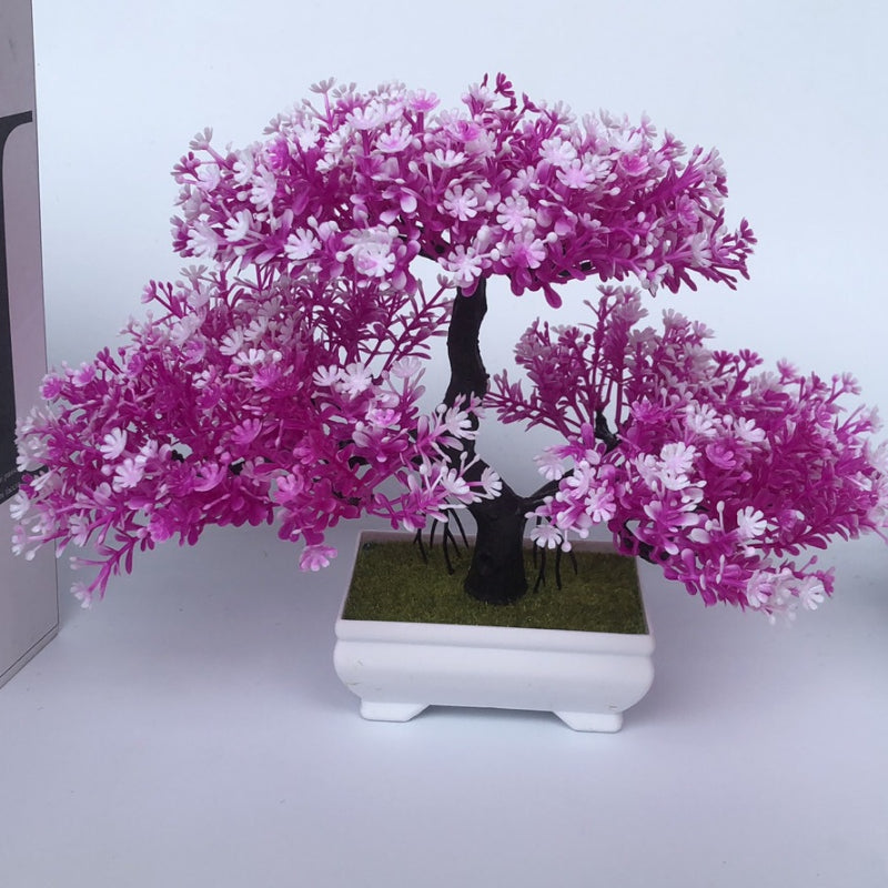 Artificial bonsai tree for room decor, entryway chests, drawers, bookcases, and desks.