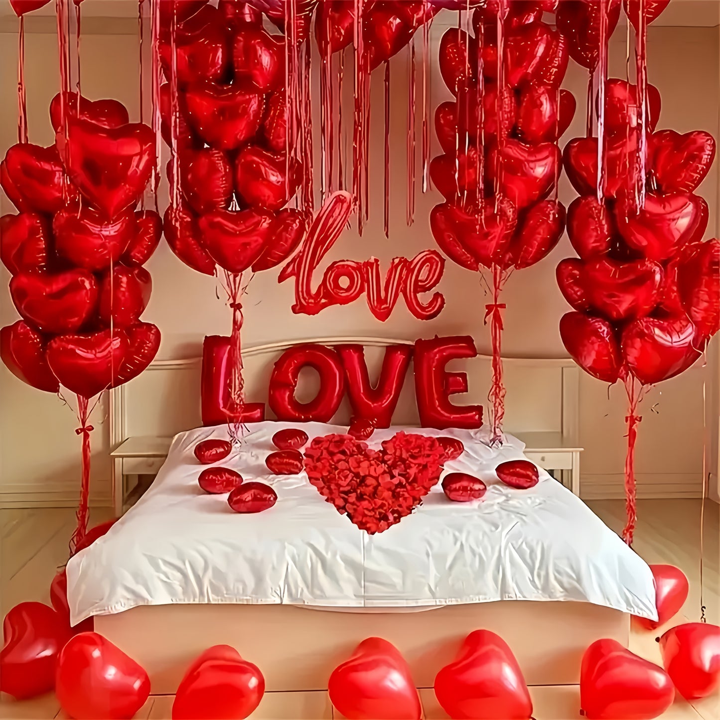 Romantic Valentine's Day decoration kit includes 1 set of balloons, 500 red rose petals, 20 red heart foil balloons, and 1 love letter balloon. Perfect for various celebrations and