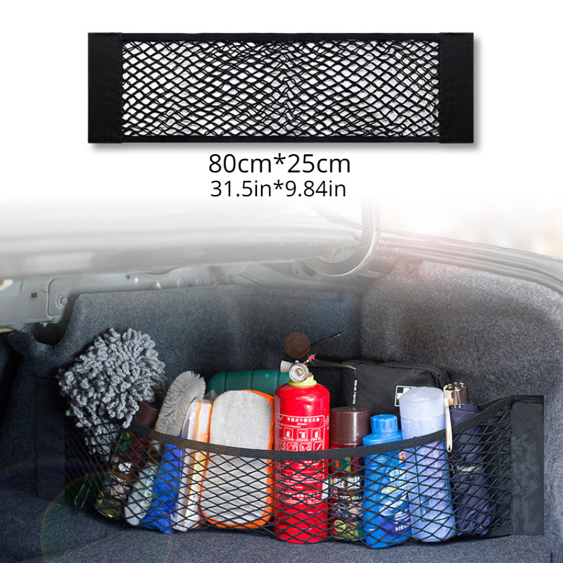 Universal auto organizer with practical storage pockets and elastic mesh trunk seat back.