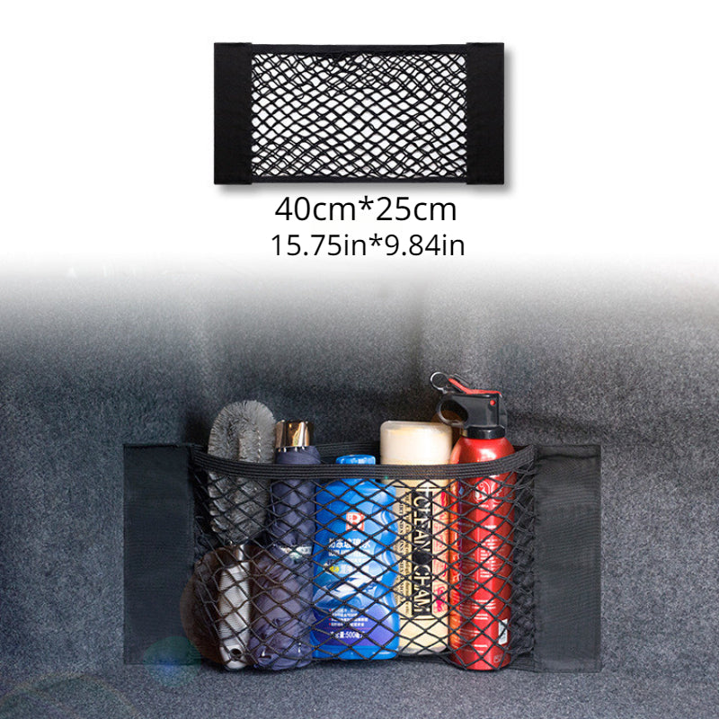 Universal auto organizer with practical storage pockets and elastic mesh trunk seat back.