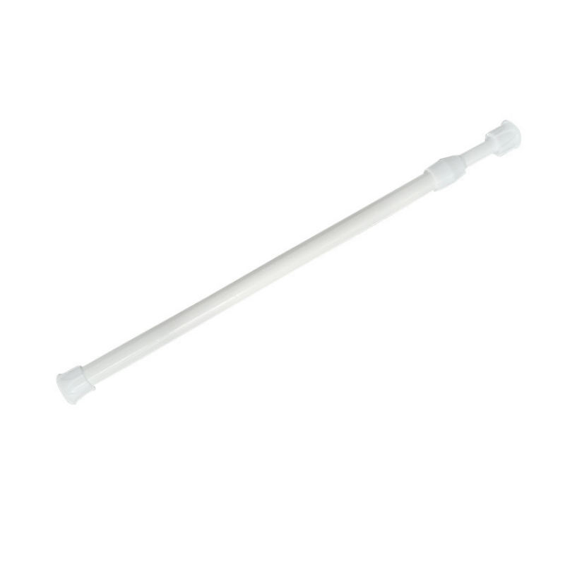 Versatile no-drill curtain rod in white plastic. Ideal for shower and window dressing. Minimalist and durable tension rod.