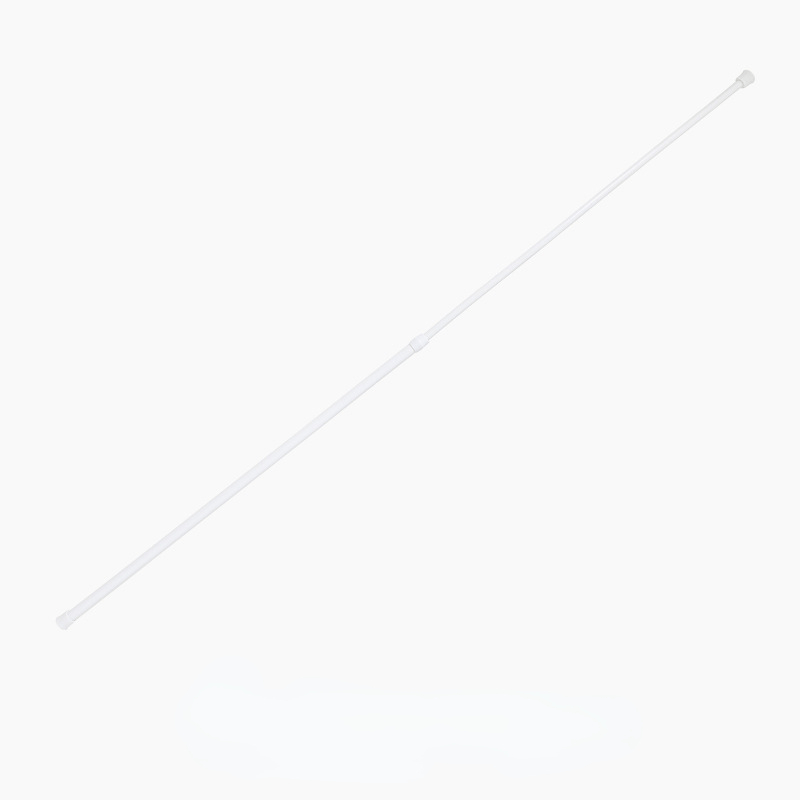 Versatile no-drill curtain rod in white plastic. Ideal for shower and window dressing. Minimalist and durable tension rod.