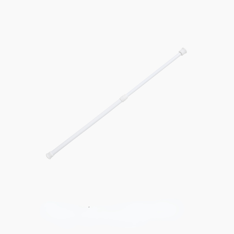 Versatile no-drill curtain rod in white plastic. Ideal for shower and window dressing. Minimalist and durable tension rod.