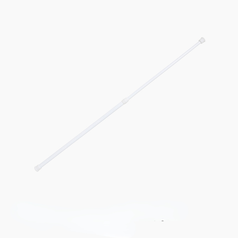 Versatile no-drill curtain rod in white plastic. Ideal for shower and window dressing. Minimalist and durable tension rod.