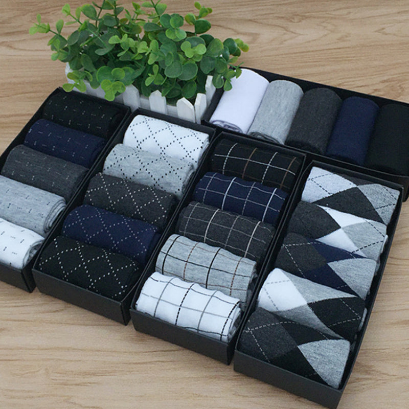 5pcs Men's Premium Dress Socks Gift Box - Mid-Calf, Solid Color & Plaid Patterns, 100% Polyester, Hand Wash Only - Ideal for Business & Casual Wear