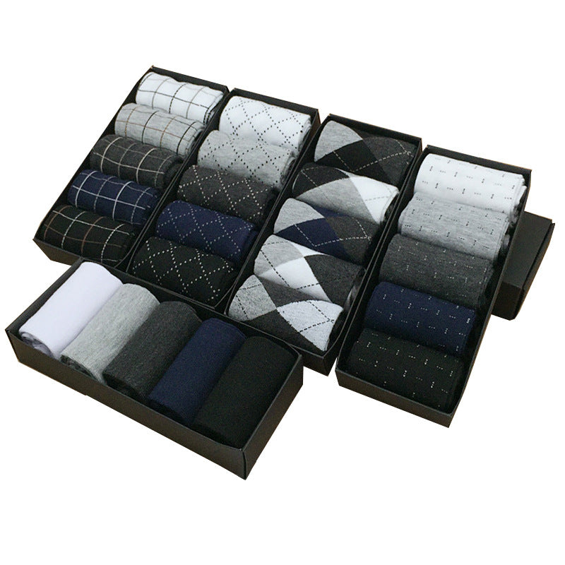 5pcs Men's Premium Dress Socks Gift Box - Mid-Calf, Solid Color & Plaid Patterns, 100% Polyester, Hand Wash Only - Ideal for Business & Casual Wear