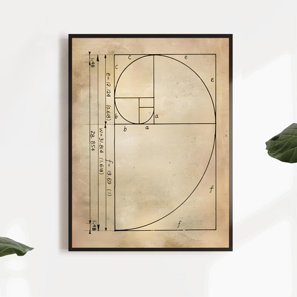 One canvas poster featuring the Fibonacci spiral and golden ratio, perfect for living room or home decor.