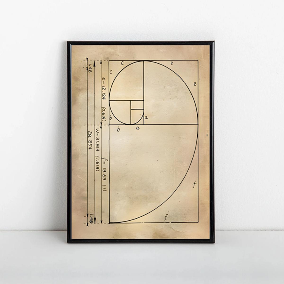 One canvas poster featuring the Fibonacci spiral and golden ratio, perfect for living room or home decor.