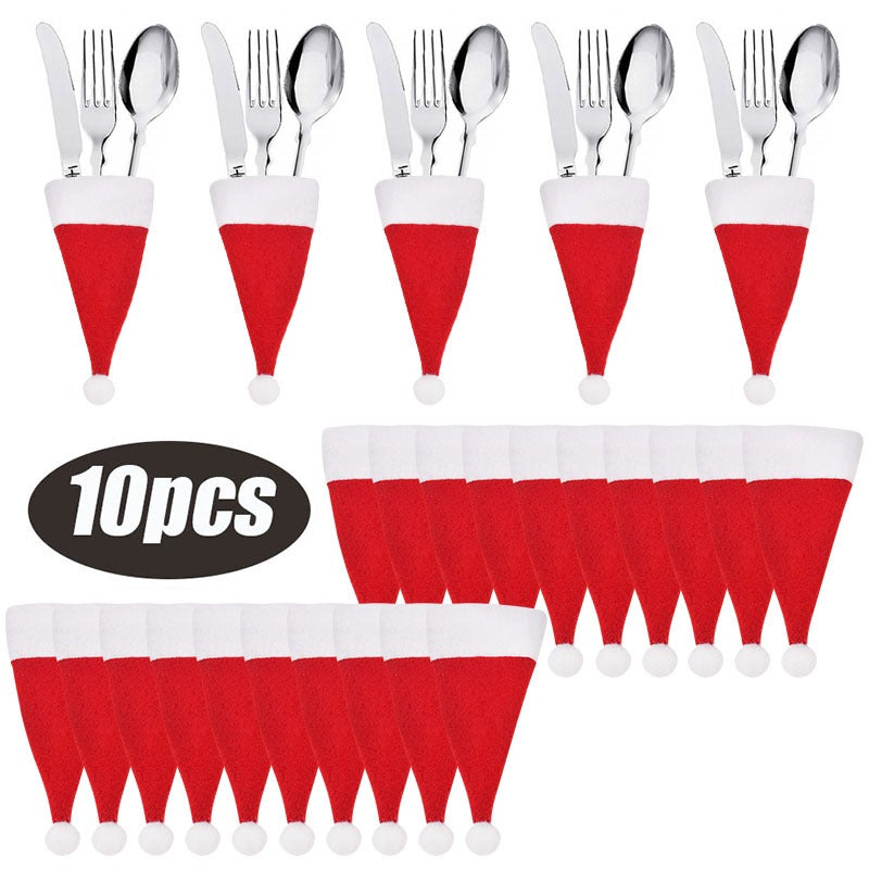 Set of 10 Christmas Tableware Holder Bags, including Christmas Hat, Fork and Knife Cutlery Bags, perfect for Xmas Home Kitchen Decor and adding a festive touch to your table settings.