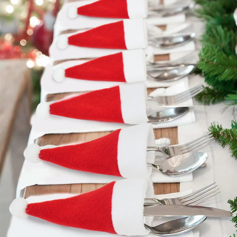 Set of 10 Christmas Tableware Holder Bags, including Christmas Hat, Fork and Knife Cutlery Bags, perfect for Xmas Home Kitchen Decor and adding a festive touch to your table settings.