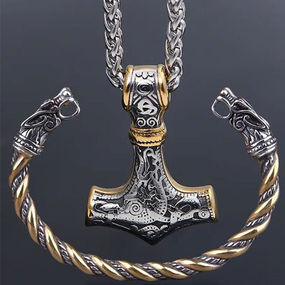 Set of 2 Viking Vintage Wolf Head Talisman Jewelry Pieces: Necklace and Bracelet. Featuring a Men's Nordic Hammer Pendant Necklace and a Women's Punk Hip Hop Handsome Necklace. High quality Wolf Head Bracelet included in this Fashion Jewelry Set, perfect