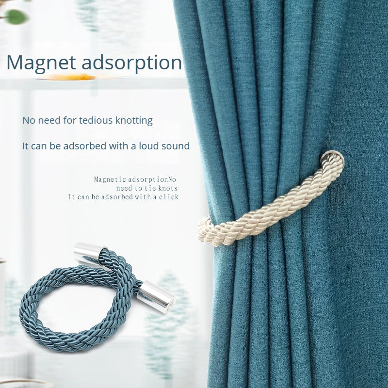 Simple and modern magnetic curtain tieback made of thick rope, perfect for holding back curtains in bedroom or living room decor.