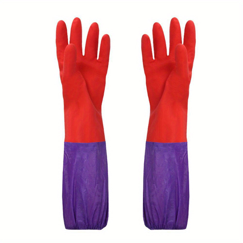 Durable, winter-proof floral design gloves made from lead-free waterproof PET rubber with fleece lining. Perfect for household cleaning in the kitchen, bathroom, toilet, car, and patio. Features long sleeves and thickened material for added protection.