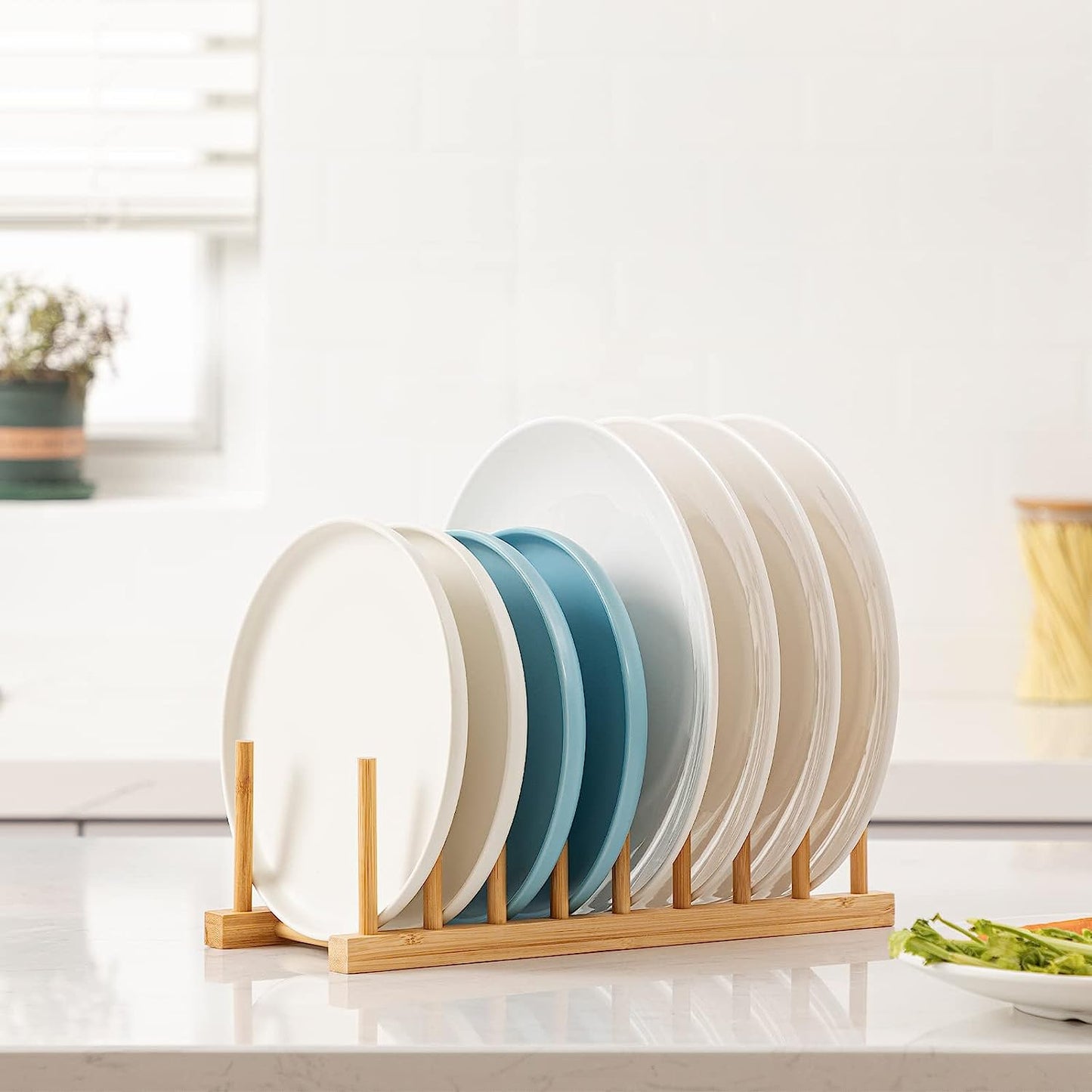 Keep your kitchen organized and clutter-free with this versatile 1pc Bamboo Rack. Use it to store dishes, plates, bowls, cups, books, pots, lids, cutting boards, and more. This stand drainer doubles as a storage holder and organizer for your kitchen