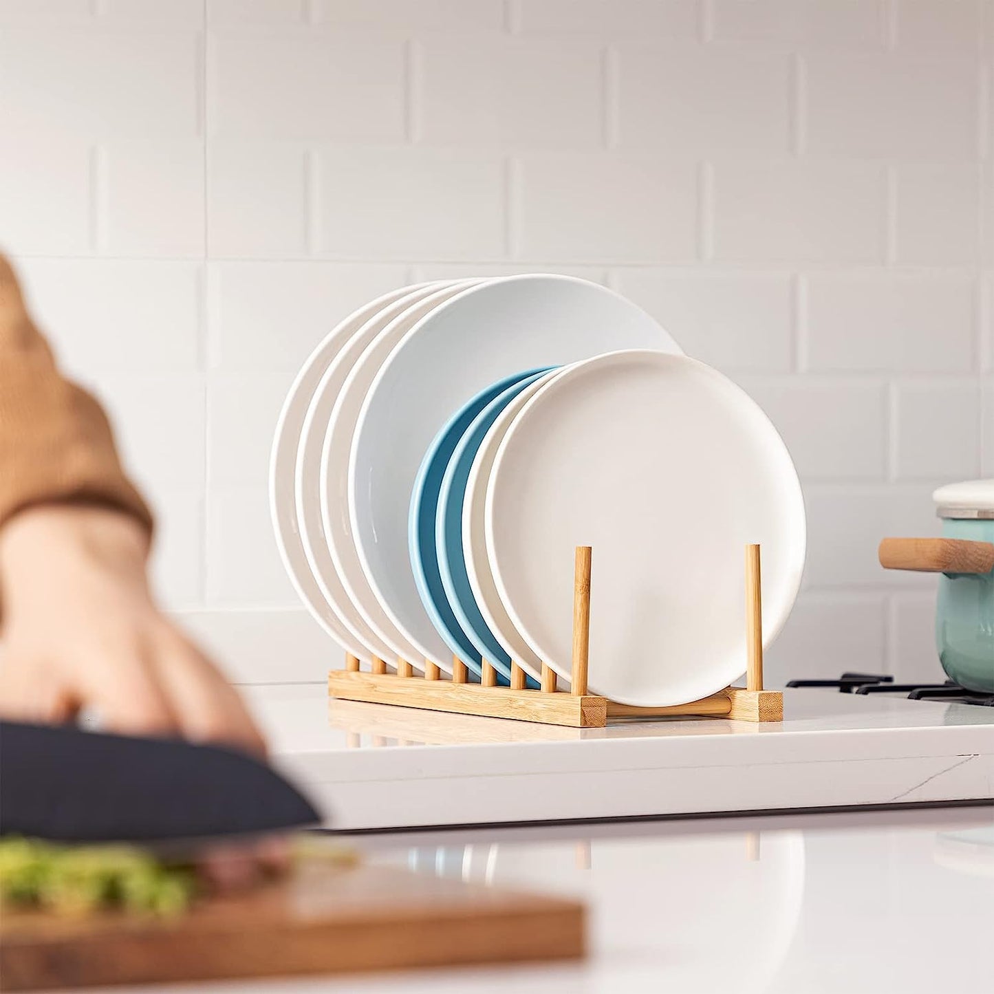 Keep your kitchen organized and clutter-free with this versatile 1pc Bamboo Rack. Use it to store dishes, plates, bowls, cups, books, pots, lids, cutting boards, and more. This stand drainer doubles as a storage holder and organizer for your kitchen