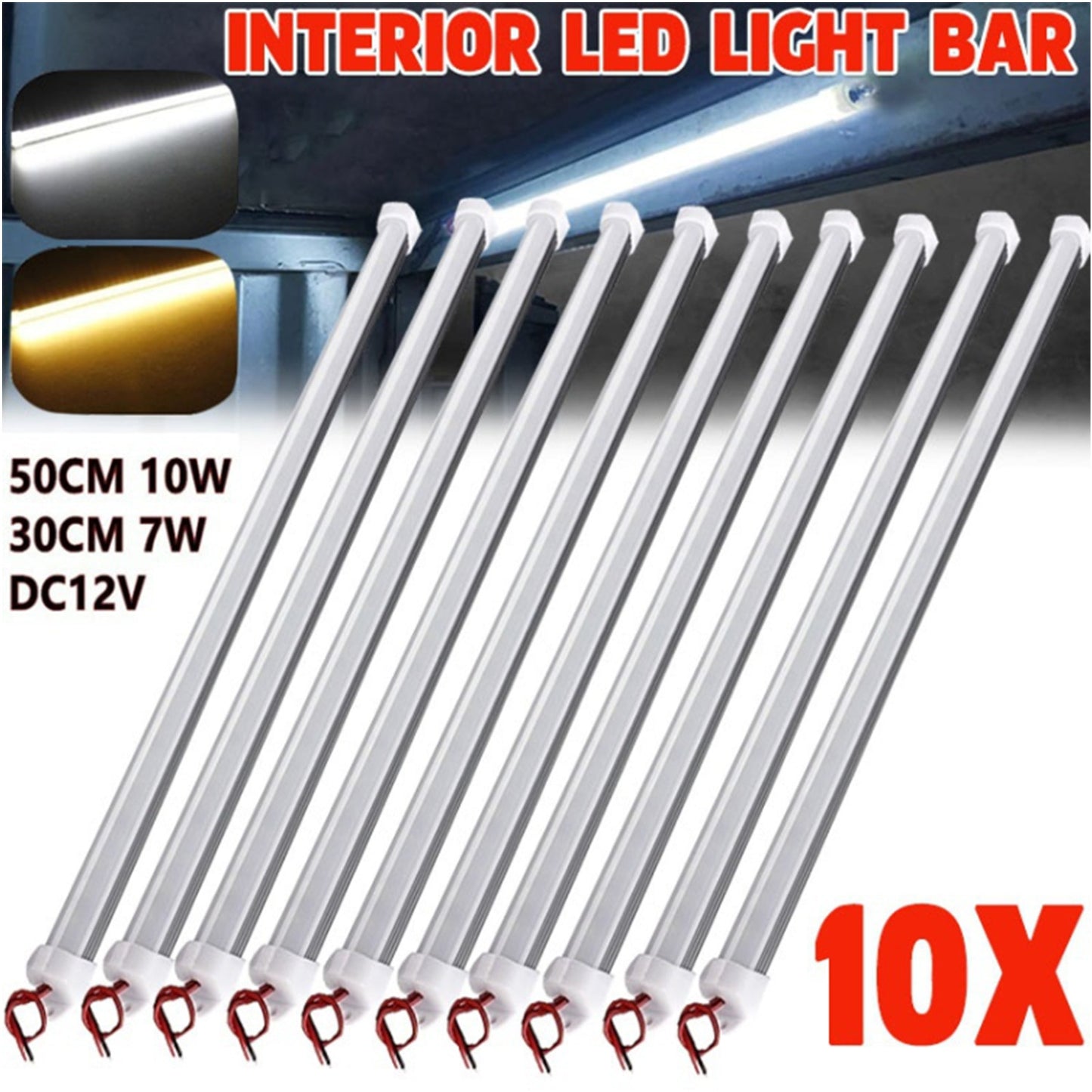 10pcs 12V LED light bars, available in 30CM or 50CM with switch for various vehicle and trailer applications.