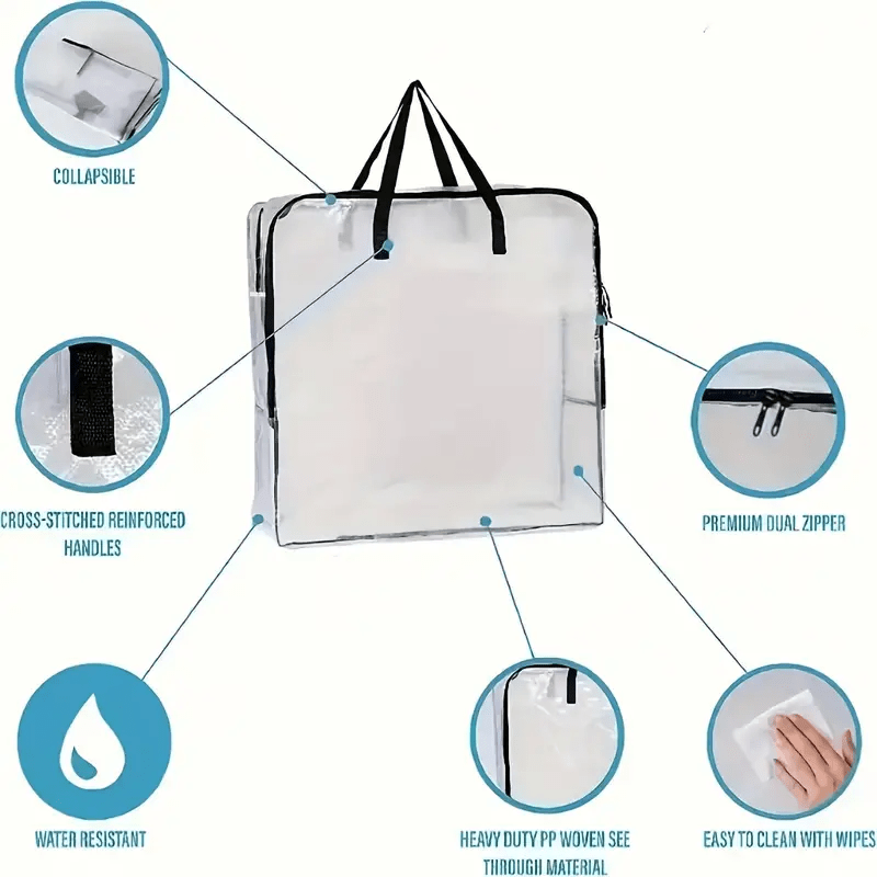 Clear Extra Large Clothes Storage Bag Set of 2, Foldable Zippered Bags with Handles for Clothes, Blankets, Quilts, Toys - Household Wardrobe Organizer, Space-Saving Solution for Closet, Bedroom, Home, Dorm