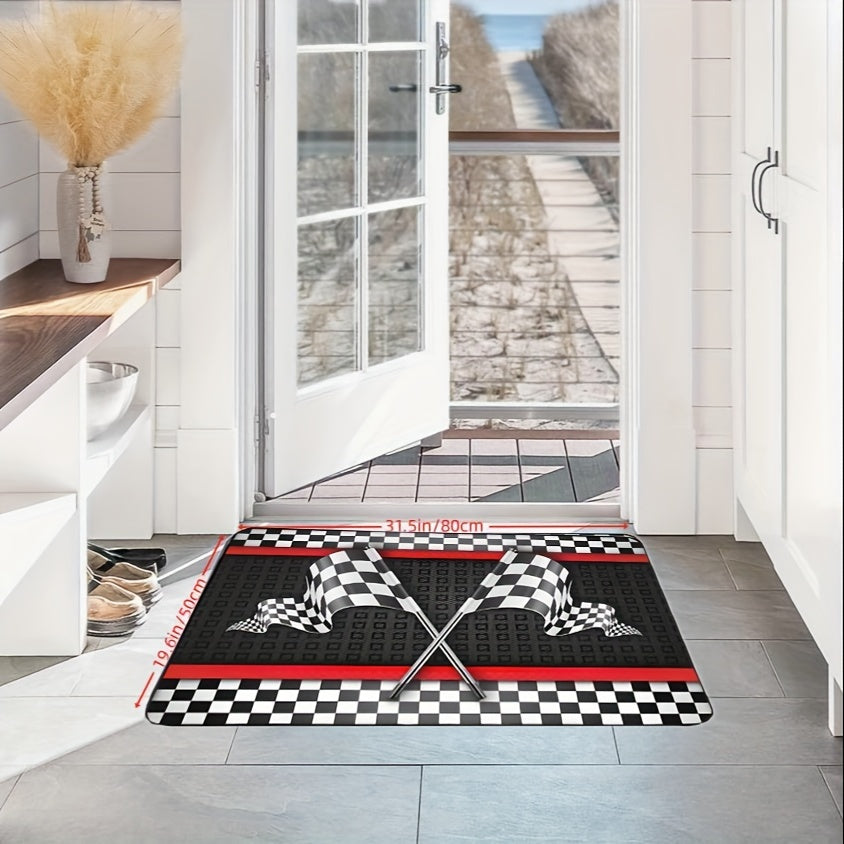 One high-quality Flannel Racing-Themed Mat, 1.1cm thick and non-slip, featuring a Black & White Checkered Flag design with Red Stripes. Machine washable and suitable for Teens, Boys, Girls, Men & Women. Versatile for use in the Living Room, Bedroom