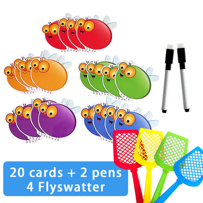 Double-sided write & wipe flash cards with 4 fly swatter toys for vocabulary building and Fry words practice in kindergarten classrooms.