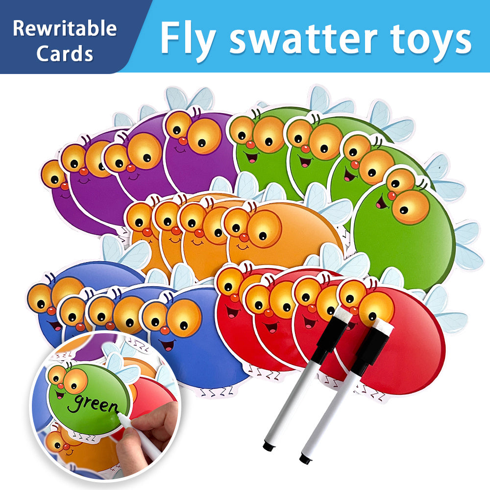 Double-sided write & wipe flash cards with 4 fly swatter toys for vocabulary building and Fry words practice in kindergarten classrooms.