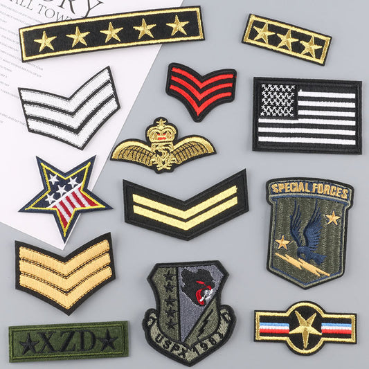 13 Military Badge Designs for Men Including Cap Badges, Computer Embroidery Badges, and Iron-On Hot Melt Small Cloth Stickers