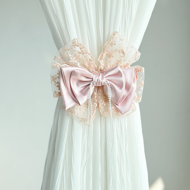 Add a touch of elegance to your curtains with this 1-piece Pink Lace Bow Curtain Tieback. The French Romantic Style design features a punch-free curtain clip with delicate floral patterns. Made of polyester, this modern and simple design is perfect for