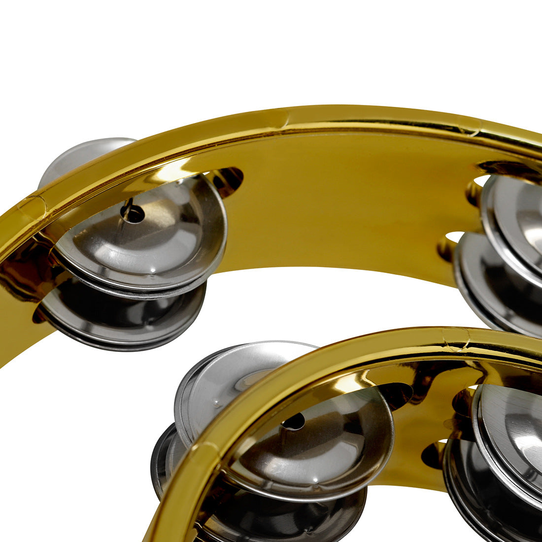 Handheld percussion tambourine with electroplated metal bells, ABS construction, golden & silver grey colors. Ideal for party performances and concerts. Does not come with a case.