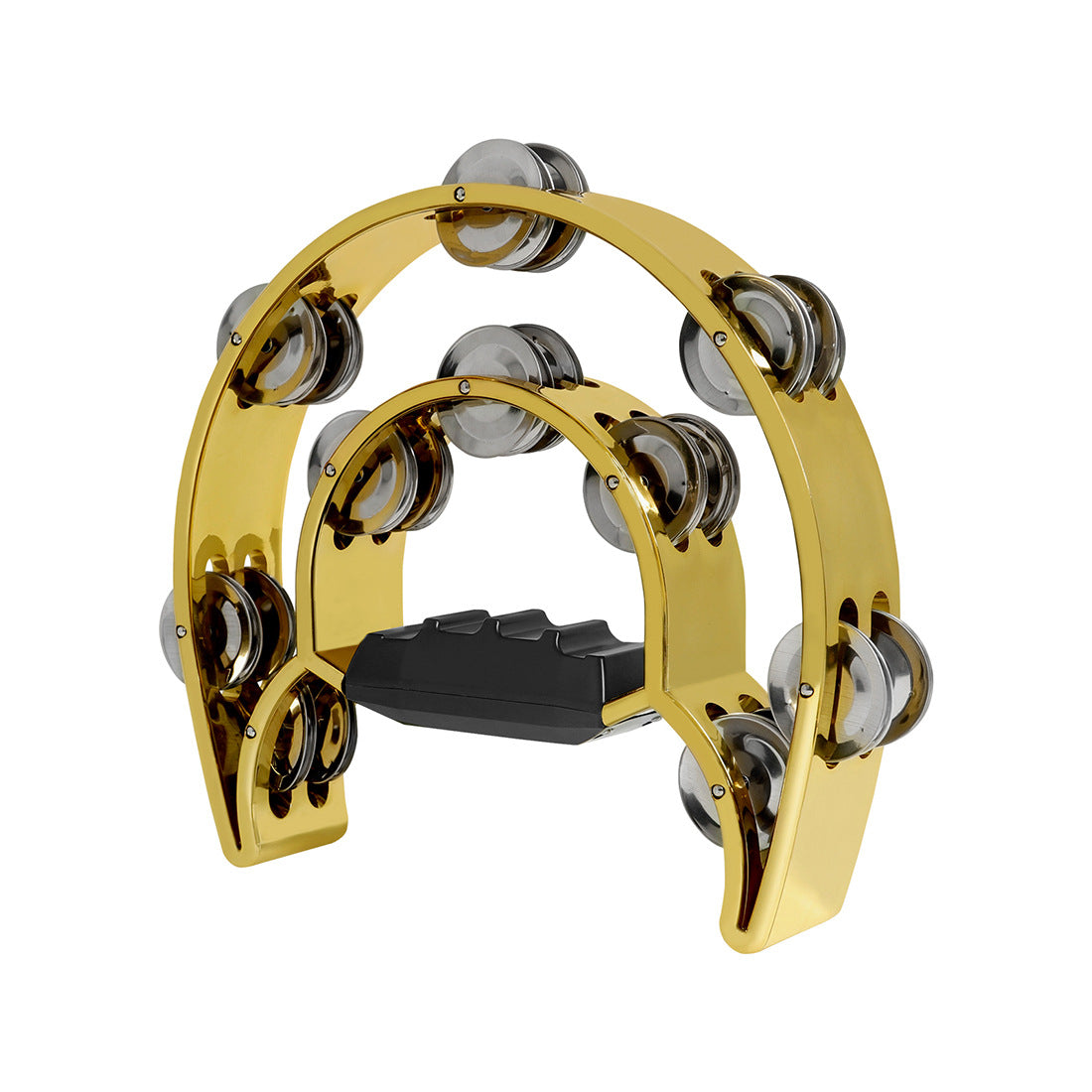 Handheld percussion tambourine with electroplated metal bells, ABS construction, golden & silver grey colors. Ideal for party performances and concerts. Does not come with a case.