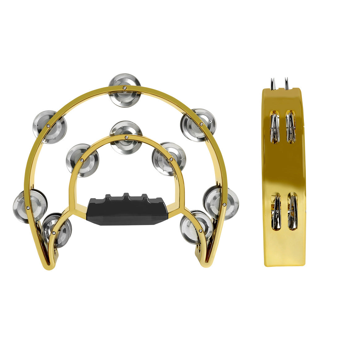 Handheld percussion tambourine with electroplated metal bells, ABS construction, golden & silver grey colors. Ideal for party performances and concerts. Does not come with a case.