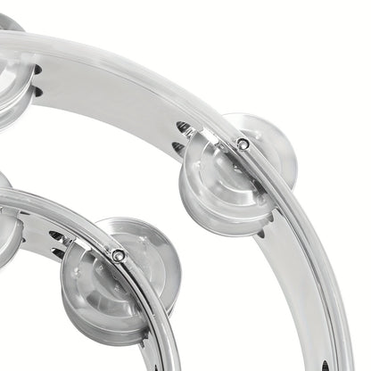 Handheld percussion tambourine with electroplated metal bells, ABS construction, golden & silver grey colors. Ideal for party performances and concerts. Does not come with a case.