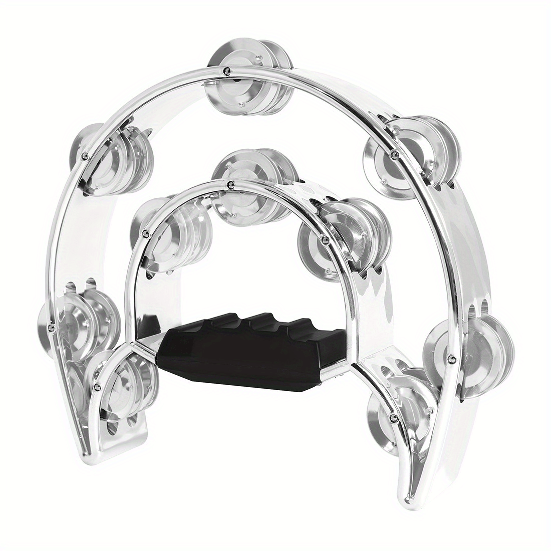 Handheld percussion tambourine with electroplated metal bells, ABS construction, golden & silver grey colors. Ideal for party performances and concerts. Does not come with a case.