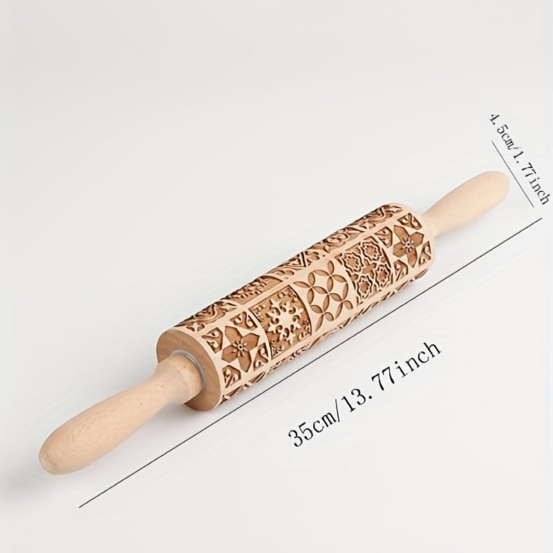 Must-Have Kitchen Tool for Baking Enthusiasts: Elegant Wooden Embossing Rolling Pin with Floral and Geometric Patterns (34.98cm x 4.5cm) - Ideal for Pizza, Pie, Cookies, Dumplings, and Noodles