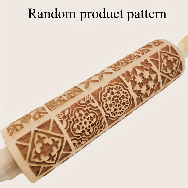 Must-Have Kitchen Tool for Baking Enthusiasts: Elegant Wooden Embossing Rolling Pin with Floral and Geometric Patterns (34.98cm x 4.5cm) - Ideal for Pizza, Pie, Cookies, Dumplings, and Noodles