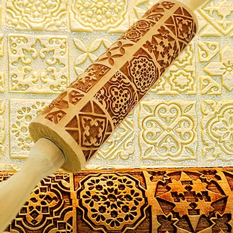 Must-Have Kitchen Tool for Baking Enthusiasts: Elegant Wooden Embossing Rolling Pin with Floral and Geometric Patterns (34.98cm x 4.5cm) - Ideal for Pizza, Pie, Cookies, Dumplings, and Noodles