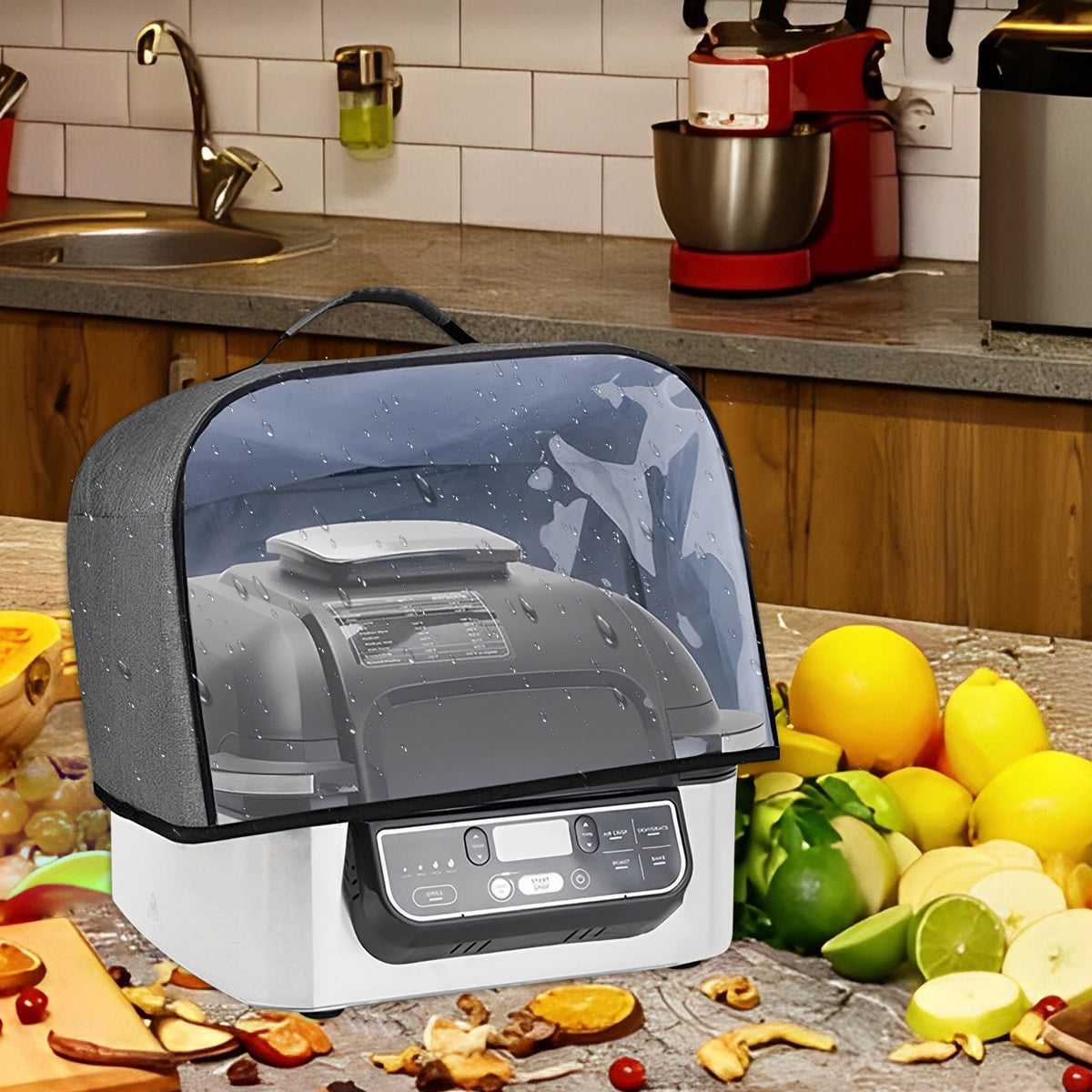 Protect your air fryer with this durable dust cover, featuring storage pockets and a clear front panel. Compatible with Ninja Foodi Grill AG301, AG302, and AG400 models, this waterproof cover measures 34.29 x 35.56 x 24.77 cm, making it the perfect fit