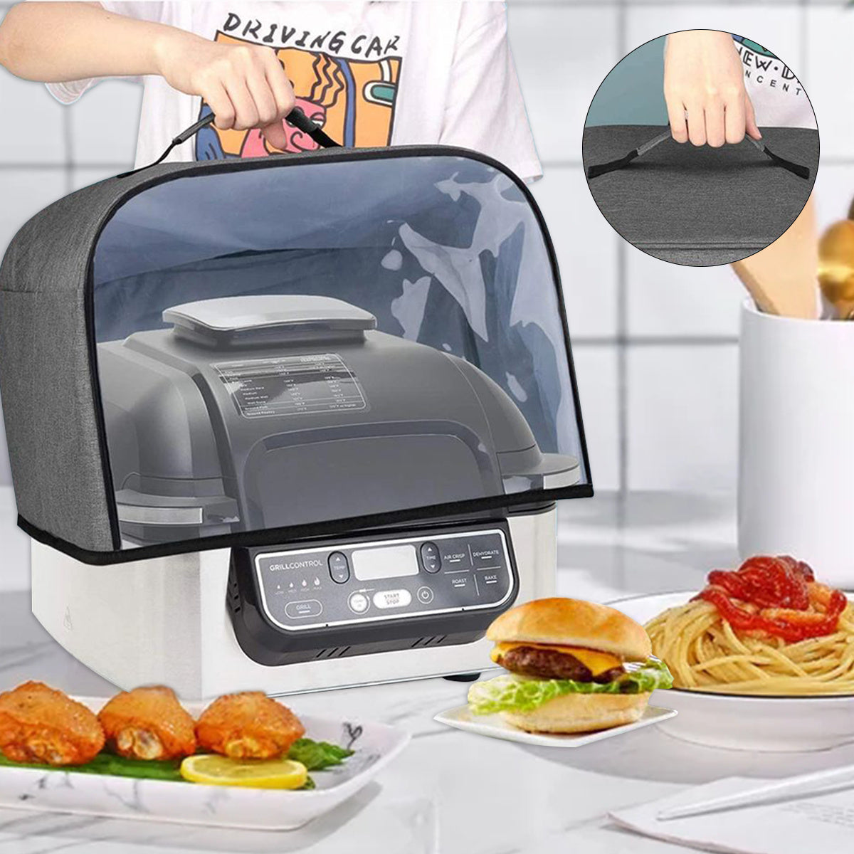 Protect your air fryer with this durable dust cover, featuring storage pockets and a clear front panel. Compatible with Ninja Foodi Grill AG301, AG302, and AG400 models, this waterproof cover measures 34.29 x 35.56 x 24.77 cm, making it the perfect fit