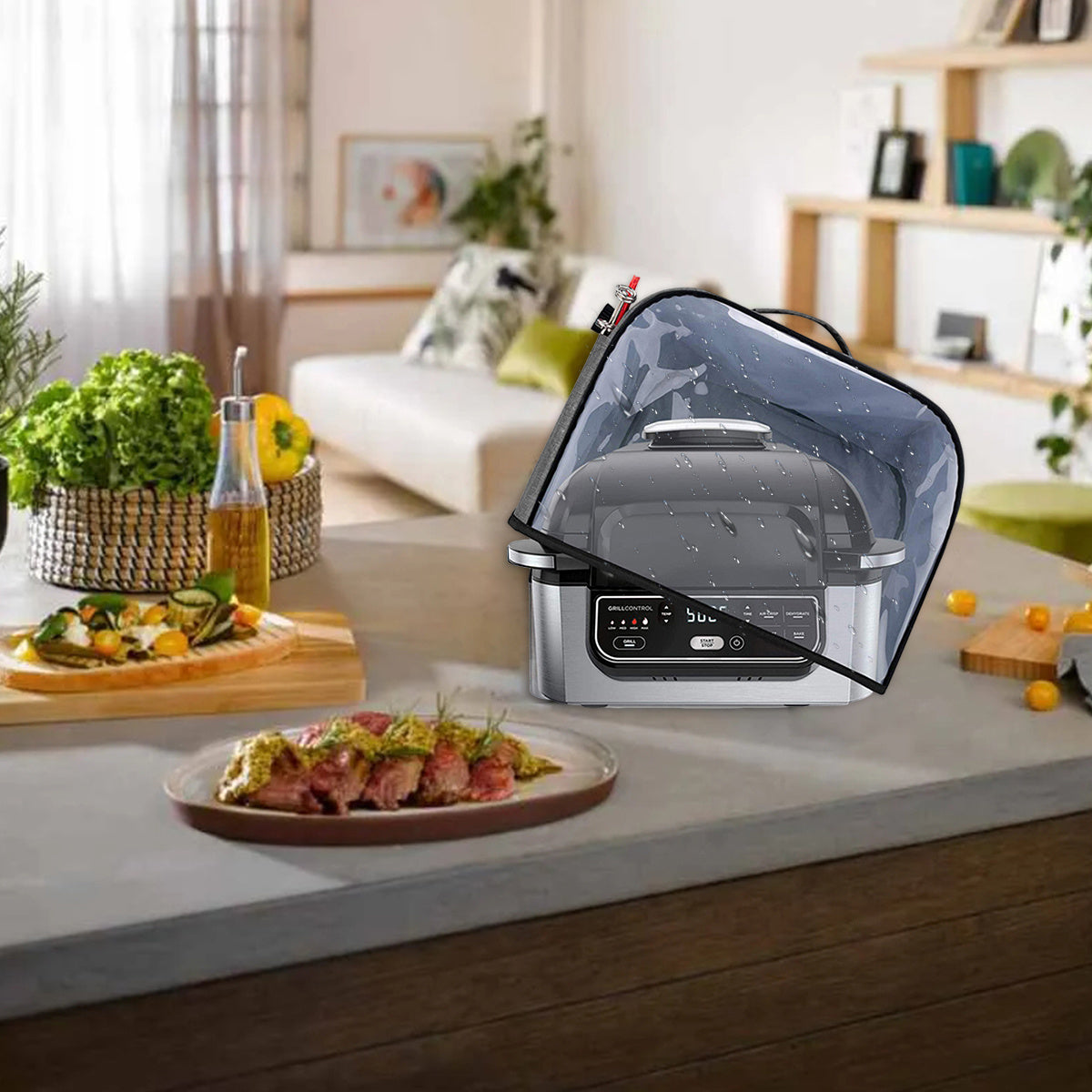 Protect your air fryer with this durable dust cover, featuring storage pockets and a clear front panel. Compatible with Ninja Foodi Grill AG301, AG302, and AG400 models, this waterproof cover measures 34.29 x 35.56 x 24.77 cm, making it the perfect fit