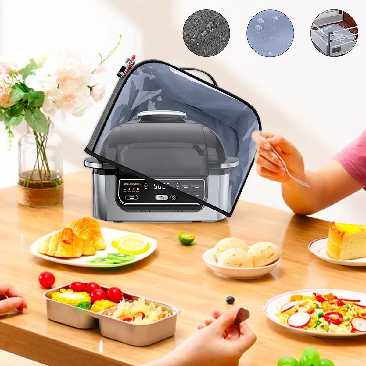 Protect your air fryer with this durable dust cover, featuring storage pockets and a clear front panel. Compatible with Ninja Foodi Grill AG301, AG302, and AG400 models, this waterproof cover measures 34.29 x 35.56 x 24.77 cm, making it the perfect fit