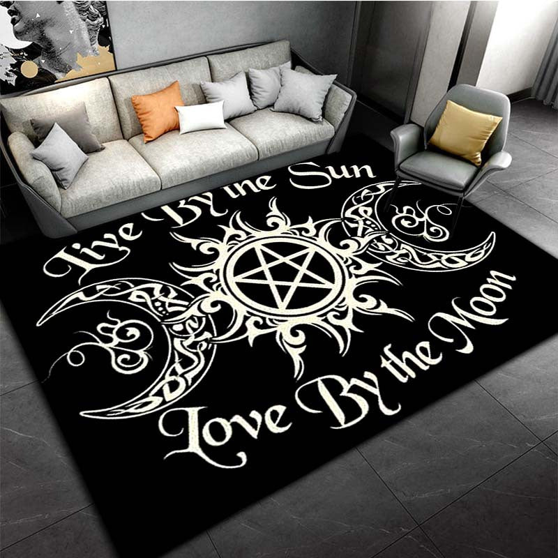 Moon and pentagram sun pattern rug, lightweight and anti-skid carpet, easy to clean with machine washable material. Perfect for living room and leisure area as an anti-fatigue sofa mat or bedside accessory for home decor.